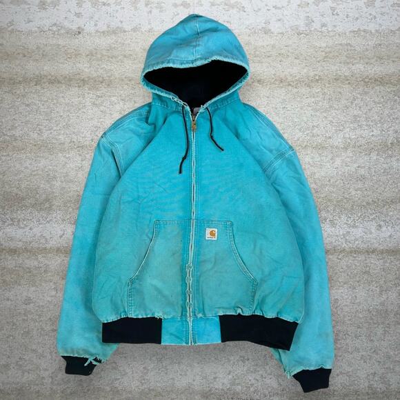 Vintage Carhartt Jacket Light Blue Cotton Canvas Mesh Lined Hooded Full Zip 90s - Picture 1 of 6